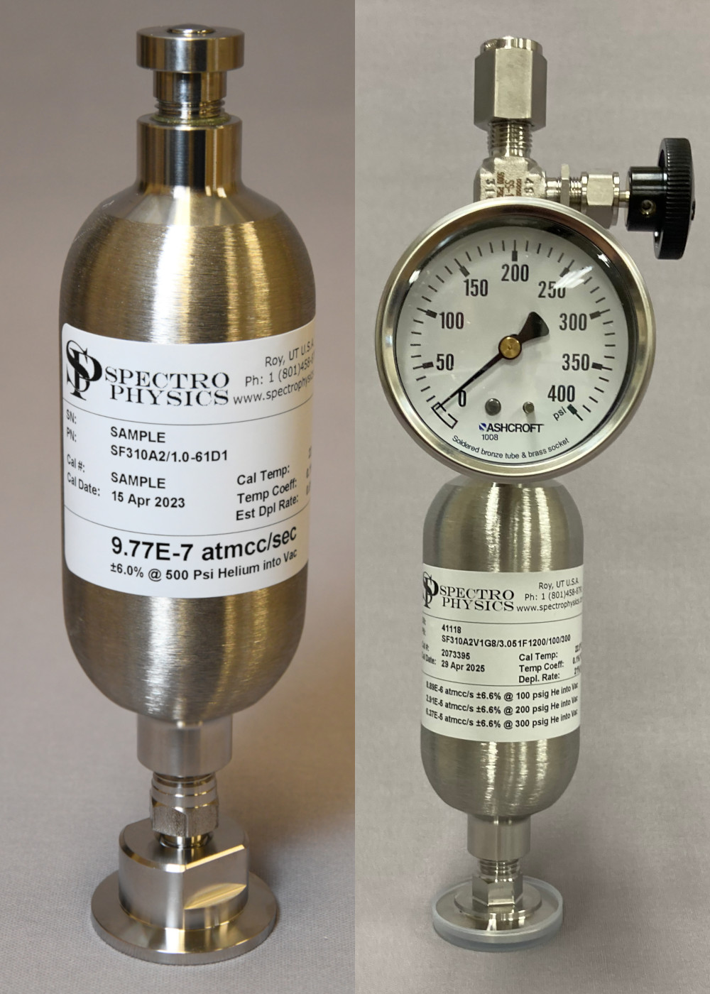 Two reservoir leak standards with KF25 connections: one factory refillable, one customer refillable with pressure gauge and 1/4" NPT valve.