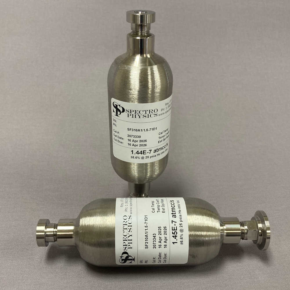 Spectro Physics calibrated leak standard with 150 cc DOT bottle, factory fill valve, and KF16 connection